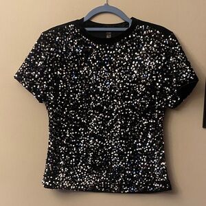 Allegra K Black Velvet Sequin Short Sleeve Top 🆕